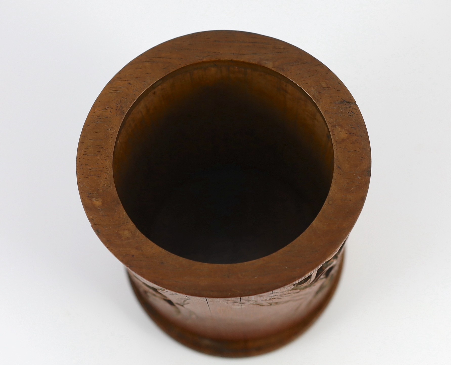 A Chinese bamboo and hongmu ‘scholars’ brushpot, bitong, 18th century, 16.5cm high, 13.5cm wide at base